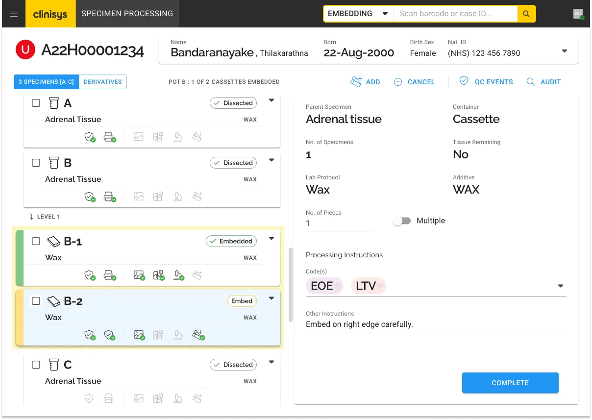 Clinisys specimen processing at the embedding stage, showing parent specimens A to C, derivative blocks B-1 and B-2 with status chips, and processing instructions.