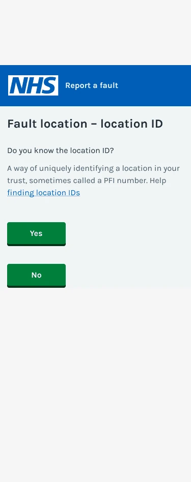 Fault location step asking whether the reporter knows the location ID