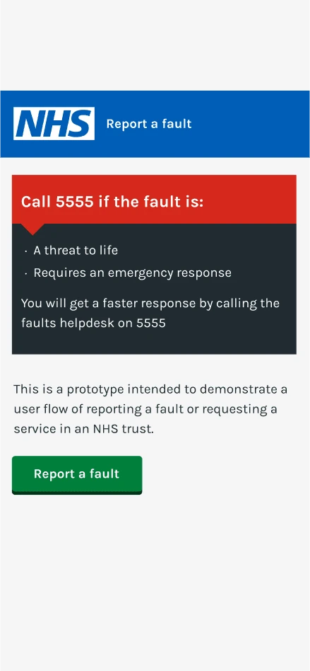 Start screen with emergency guidance to call the helpdesk