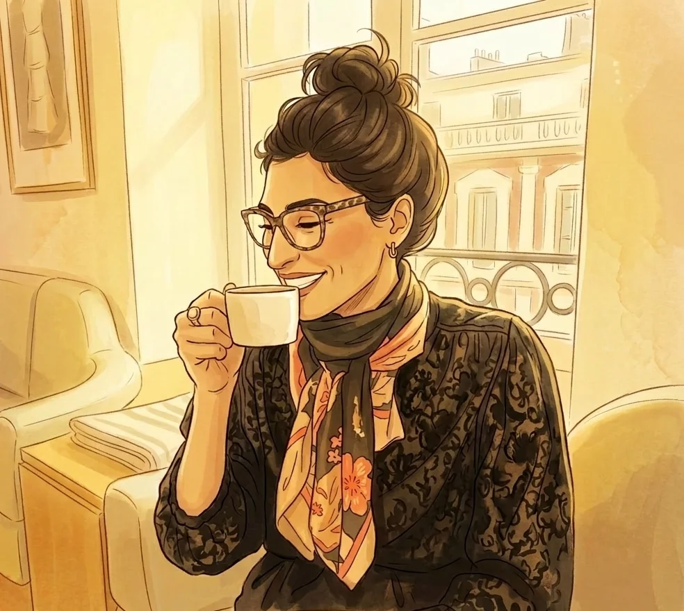 Illustrated portrait of Resh smiling over a cup of coffee in a sunlit Parisian café.